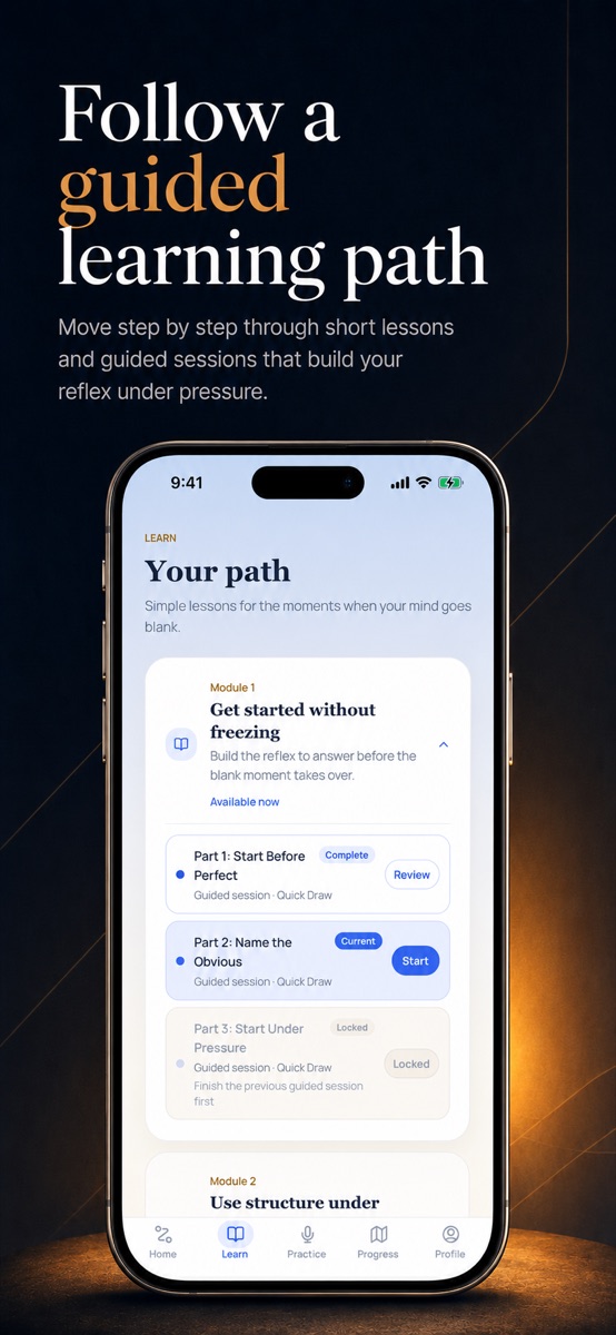 QuickWit Learn screen showing a guided module path