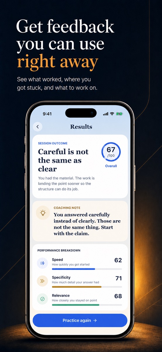 QuickWit Results screen with a coaching note and performance breakdown