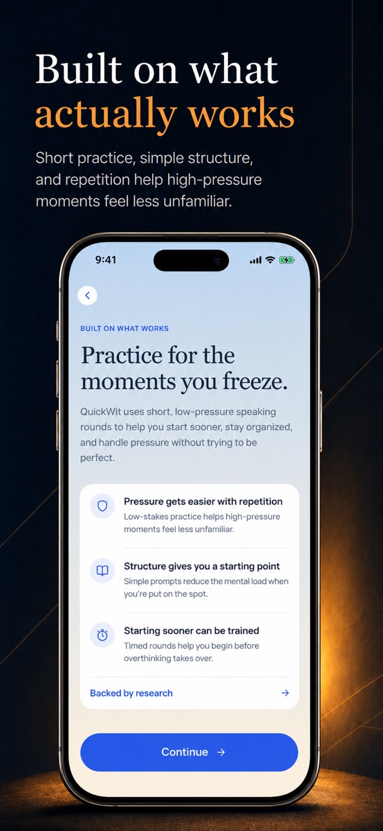 QuickWit screen explaining short practice and simple structure